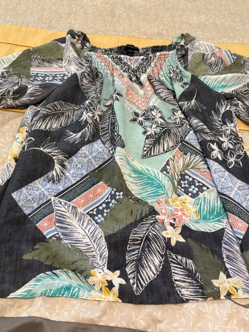 new directions Black Floral Peasant Top with Mint & Olive Accents